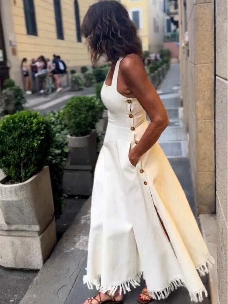 Boho weißes Maxikleid mit Fransen und Taschen