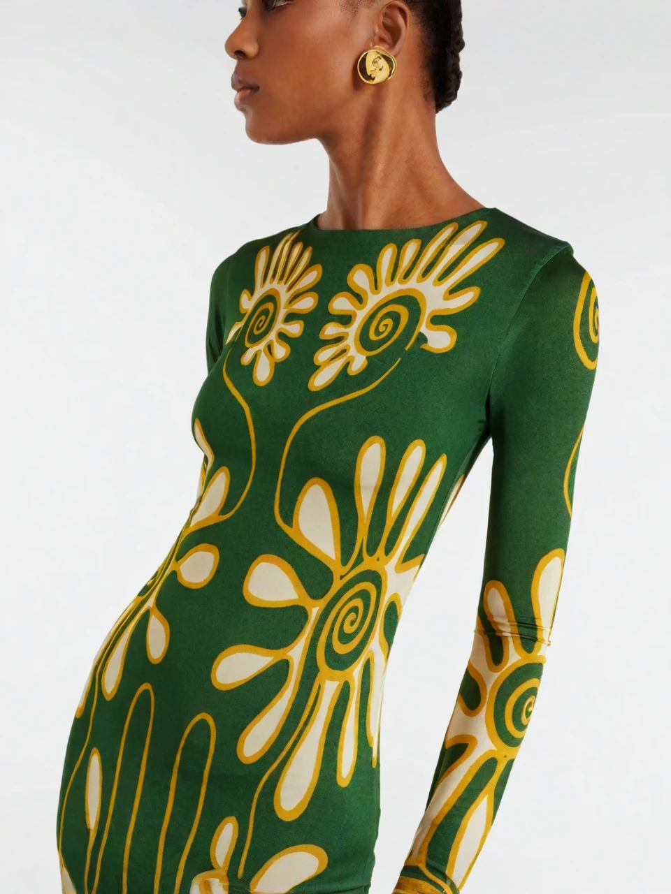 Grünes, abstraktes florales Maxikleid mit ausgestellten Ärmeln