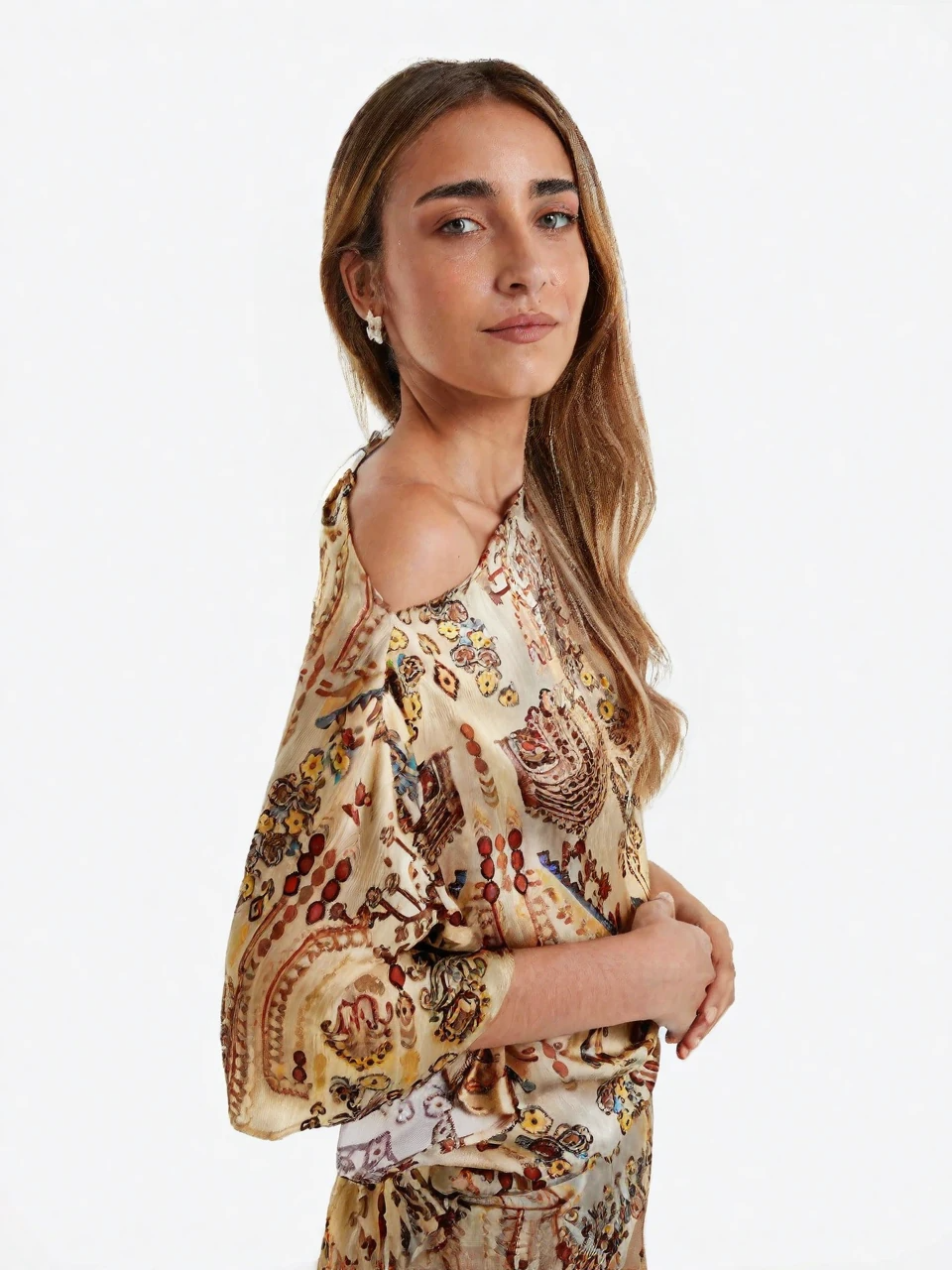 Asymmetric Sleeve Print Midi Dress