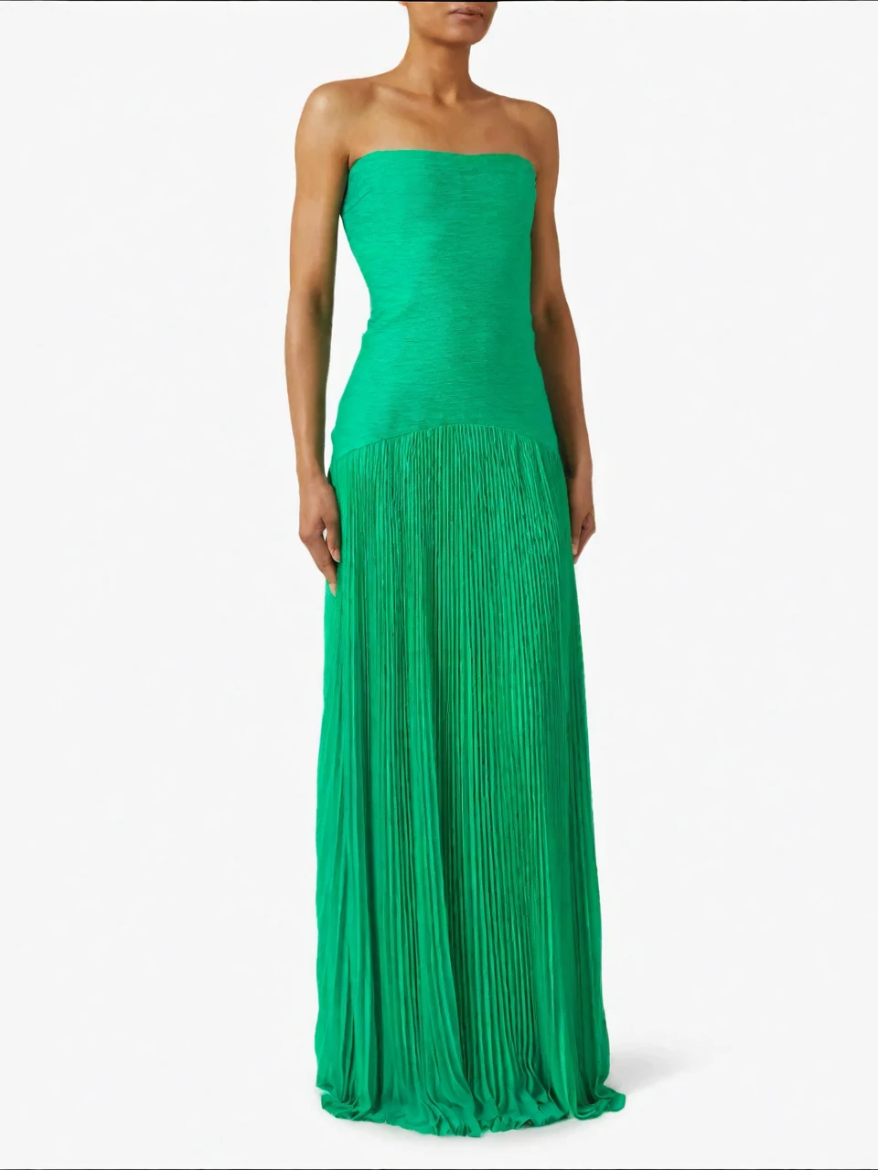Smaragdgrünes, plissiertes, trägerloses Abendkleid