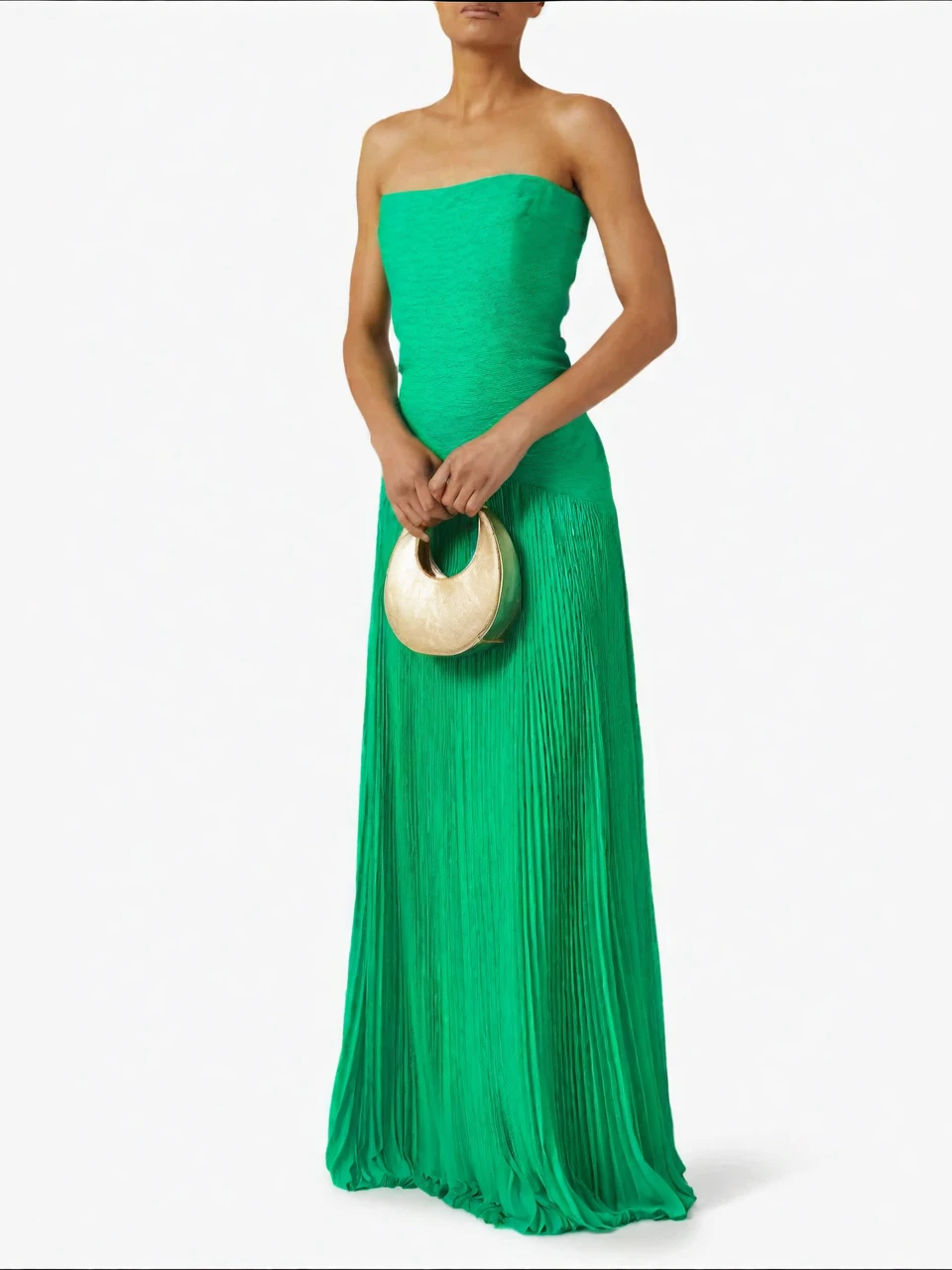 Smaragdgrünes, plissiertes, trägerloses Abendkleid