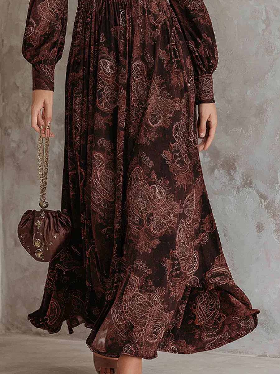 Braunes Paisley-Maxikleid mit Reißverschluss an der Taille
