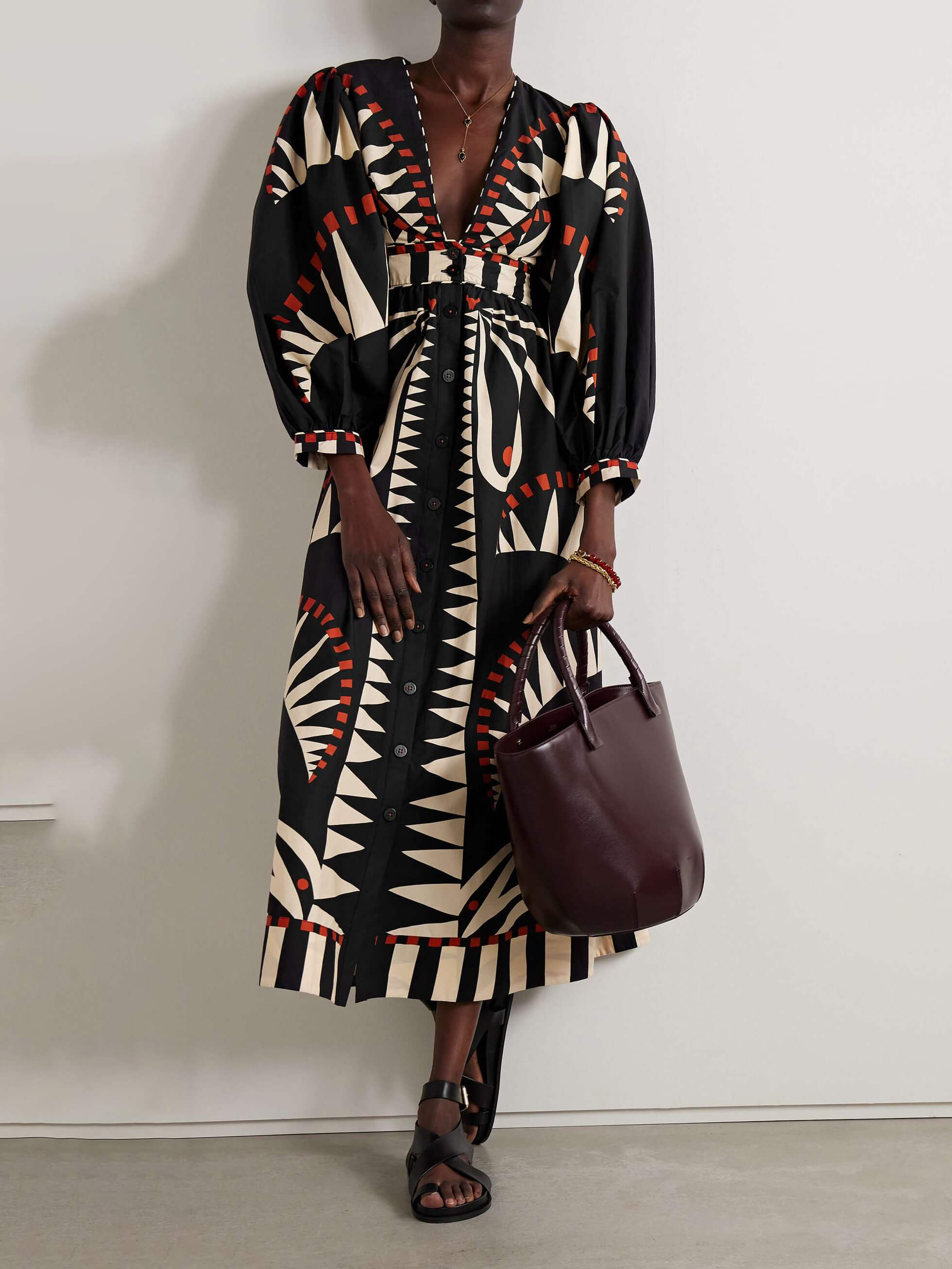 Einzigartiges Kokosnuss-Dschungel-Print Puffärmel Midi-Kleid