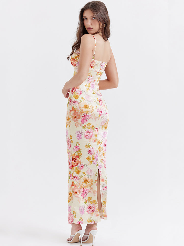 Elfenbeinweißes geblümtes Maxikleid