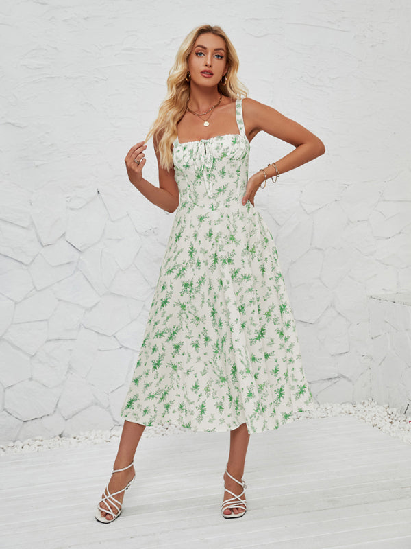 Damen ärmelloses Sommer-Midikleid mit Blumenmuster und Beinschlitz