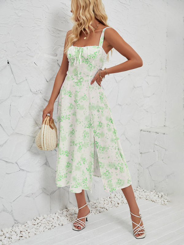 Damen ärmelloses Sommer-Midikleid mit Blumenmuster und Beinschlitz