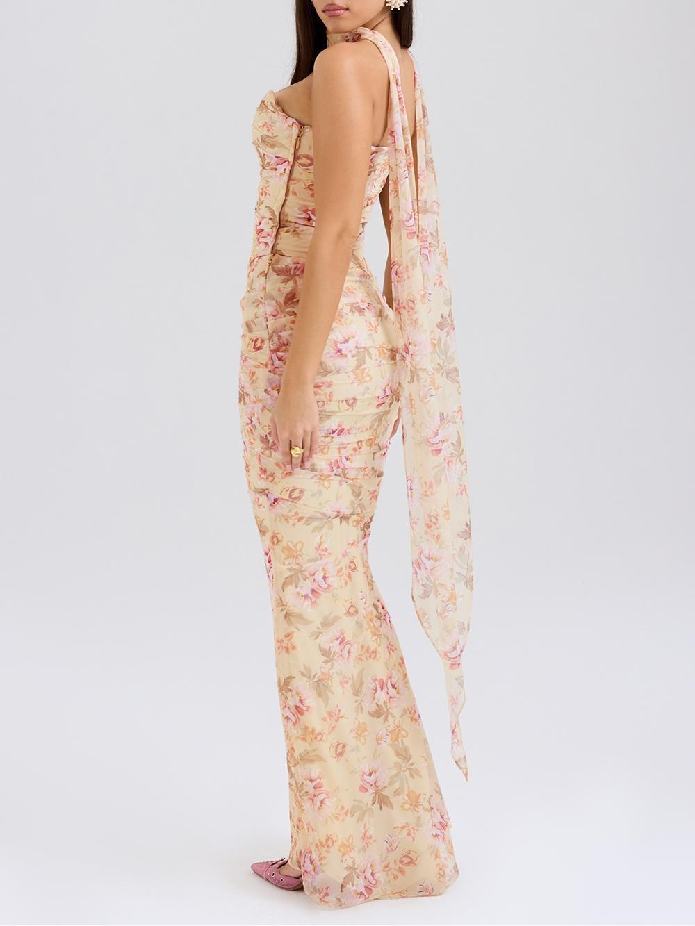 Trägerloses Oberteil und Rock mit hoher Taille und Bindedetail mit Blumenmuster