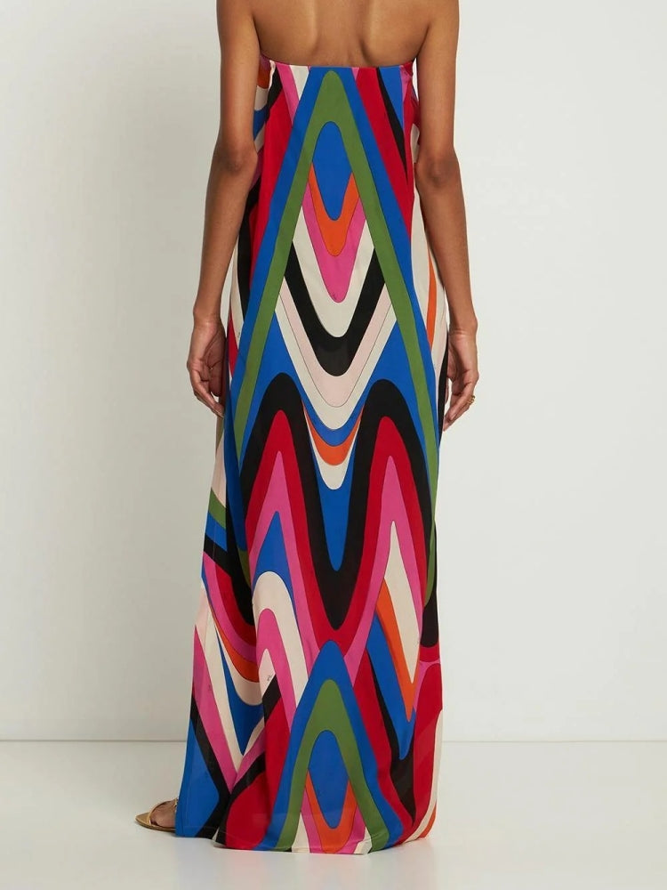 Trägerloses Maxi-Kleid aus Moiré mit seitlichem Schlitz