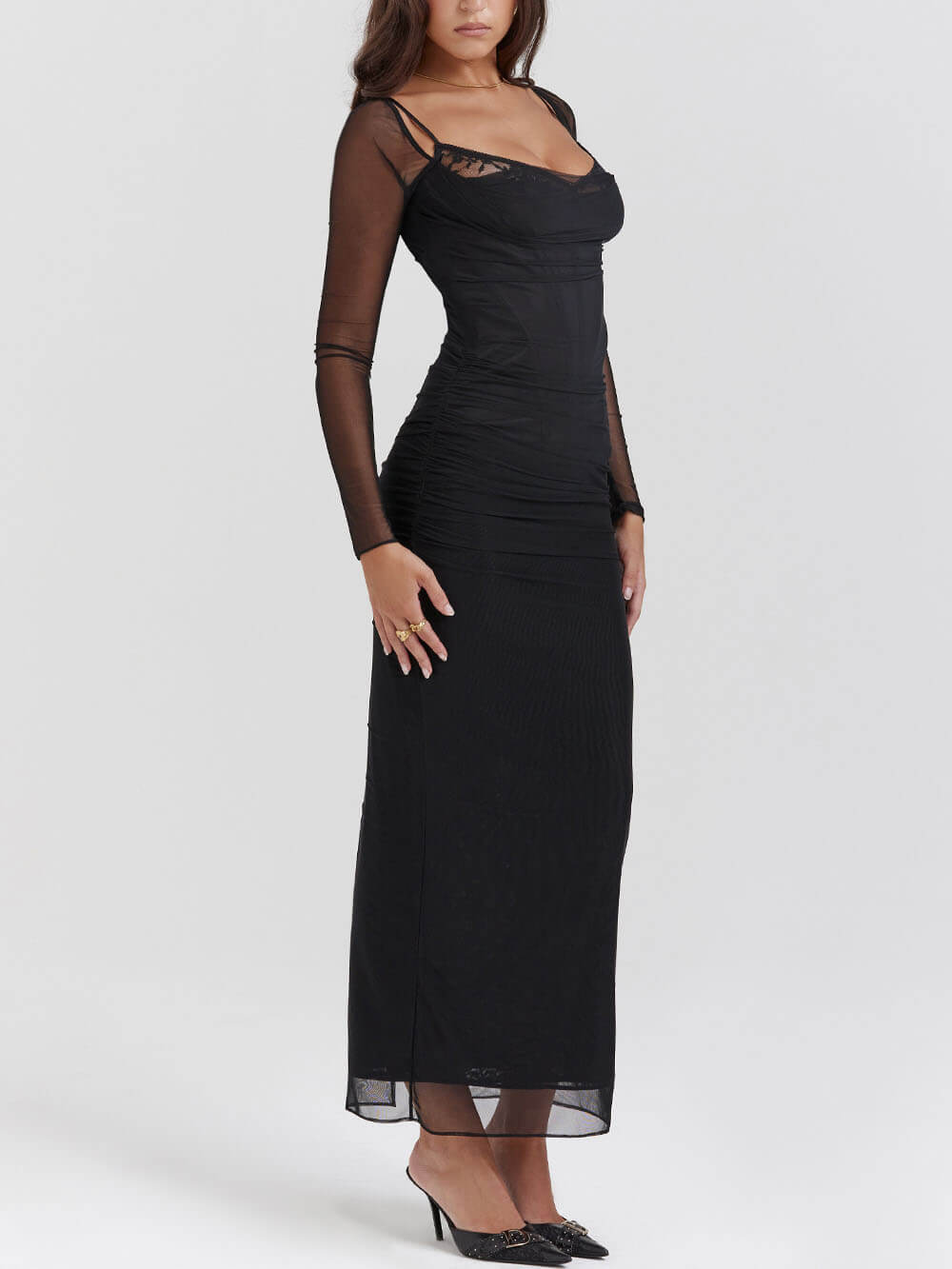 Schwarzes rückenfreies Bodycon-Maxikleid mit Spaghettiträgern
