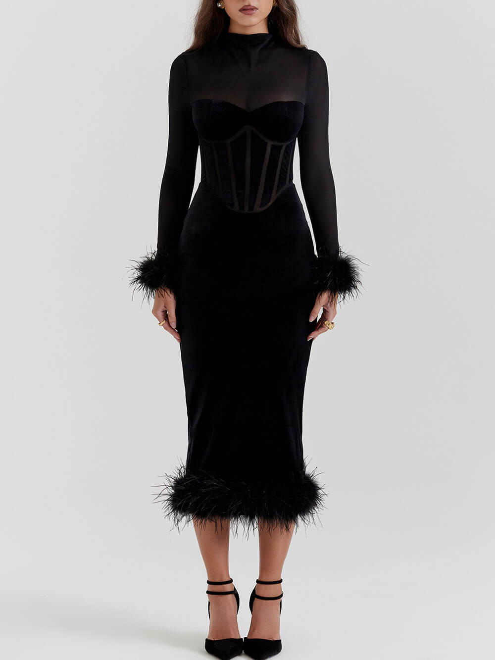 Schwarzes Midi-Samtkleid