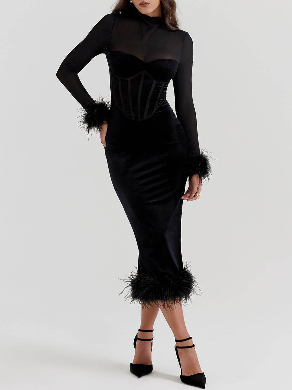 Schwarzes Midi-Samtkleid