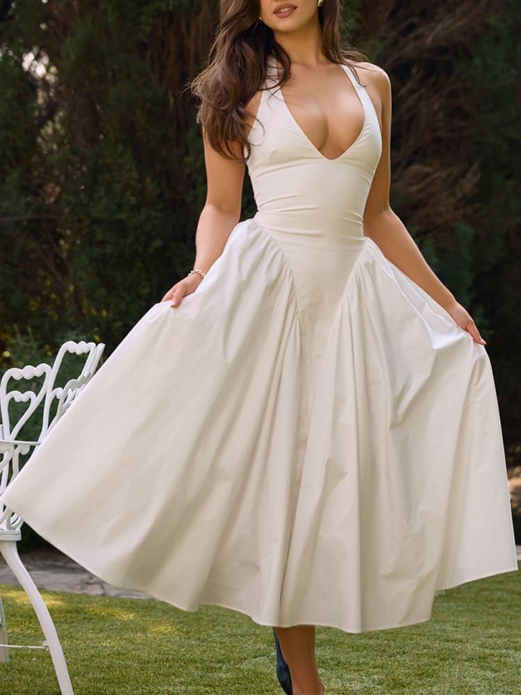 Weißes Neckholder-Midikleid aus Baumwolle