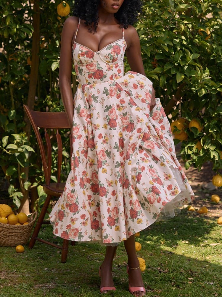 Italienisches Rosenmuster Tüll Midikleid