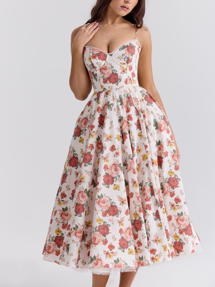 Italienisches Rosenmuster Tüll Midikleid