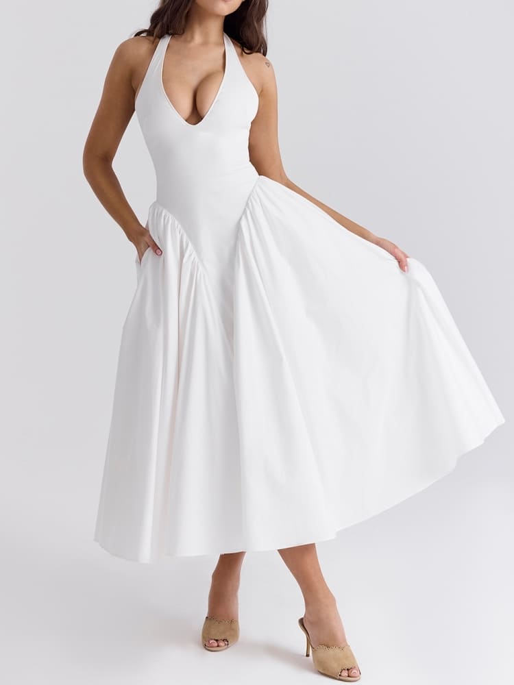 Weißes Neckholder-Midikleid aus Baumwolle