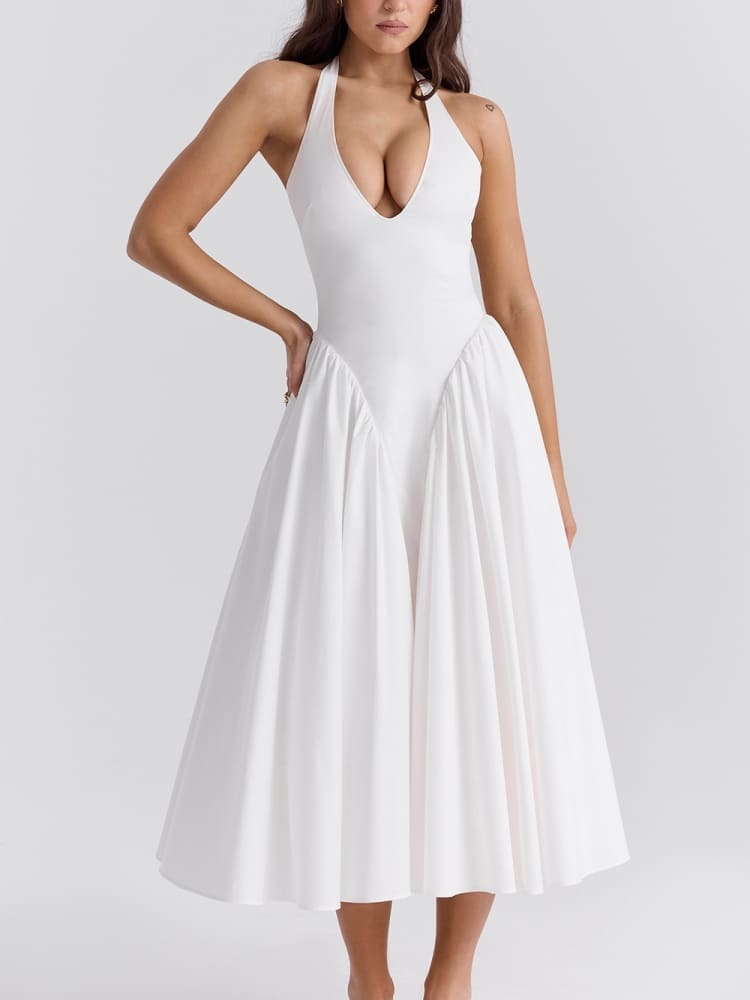 Weißes Neckholder-Midikleid aus Baumwolle