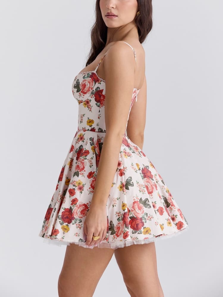 Italienisches Rosenmuster Tüll Minikleid