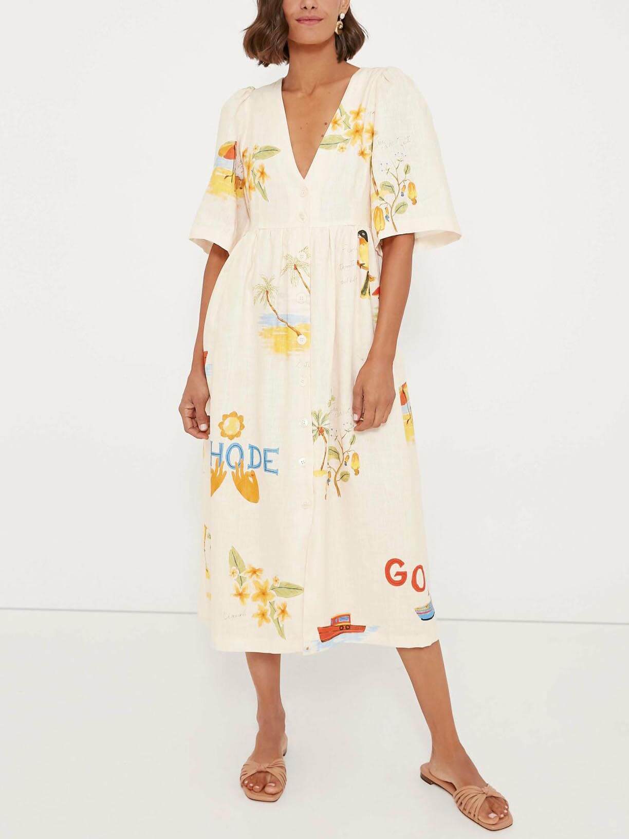 Einzigartiges Holiday Folk Floral Print Midi-Kleid mit Puffärmeln