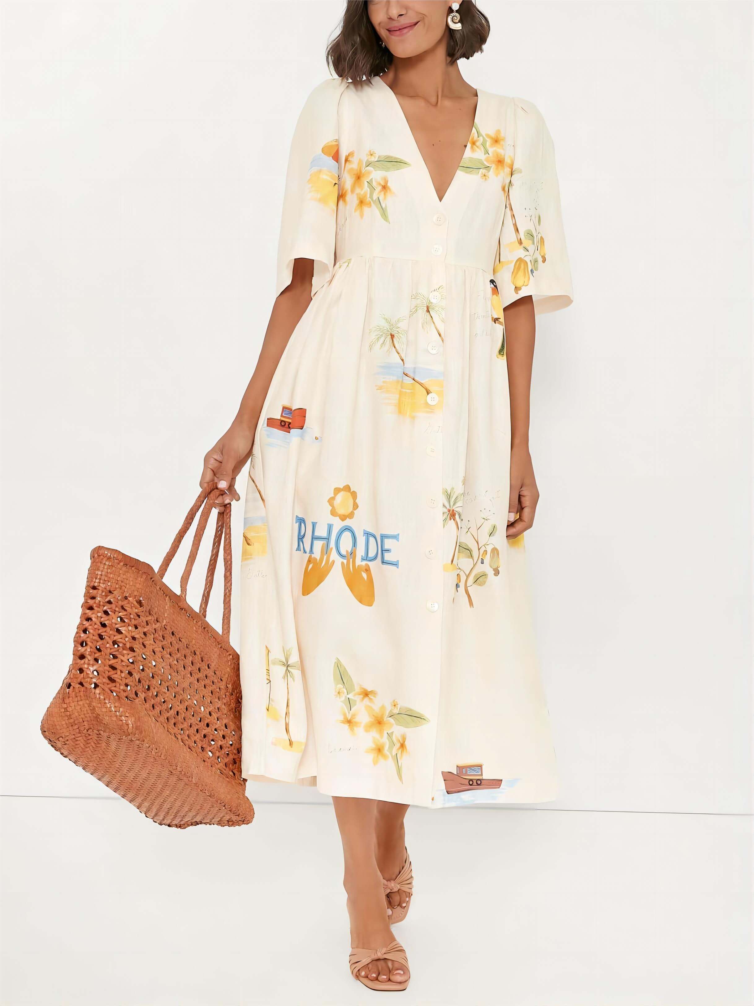 Einzigartiges Holiday Folk Floral Print Midi-Kleid mit Puffärmeln