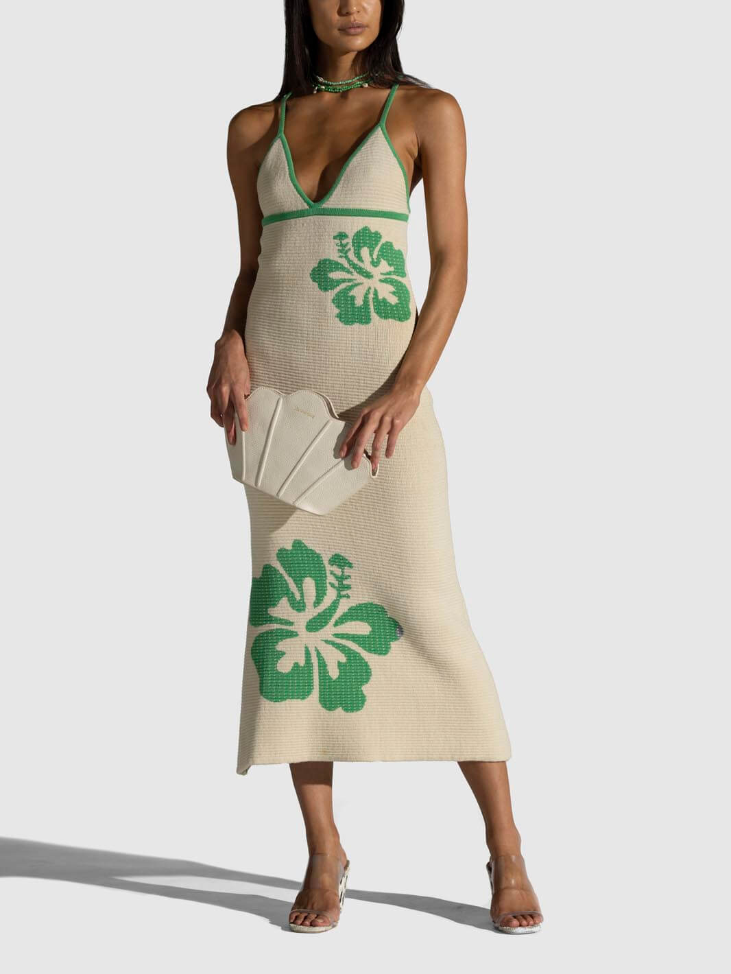 Gestricktes Neckholder-Trägerkleid mit V-Ausschnitt, rückenfrei, sexy Midikleid