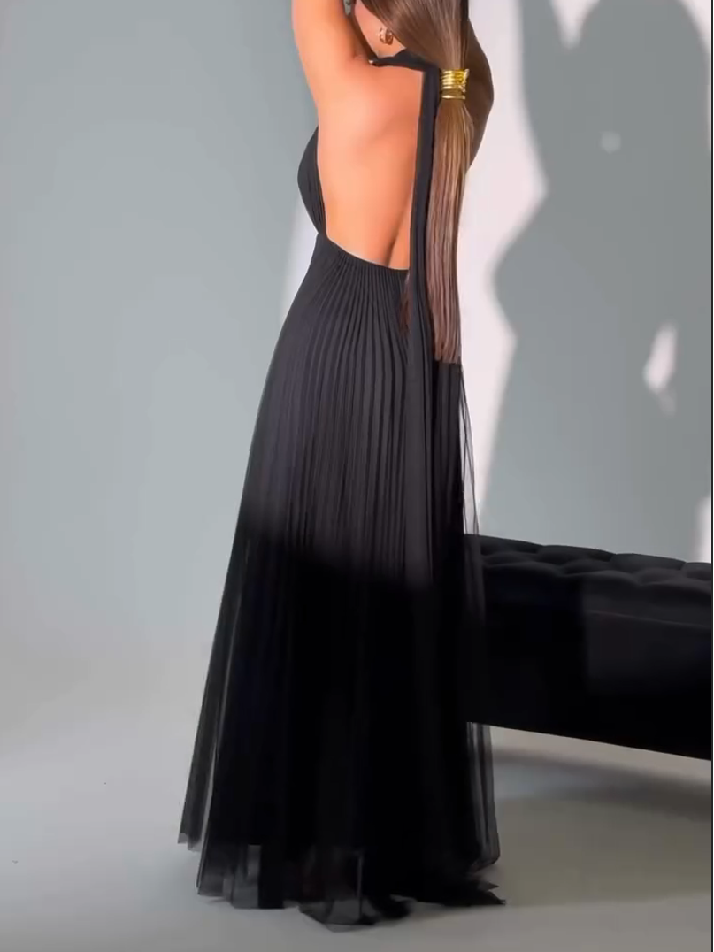 Rückenfreies, plissiertes Maxikleid mit Neckholder