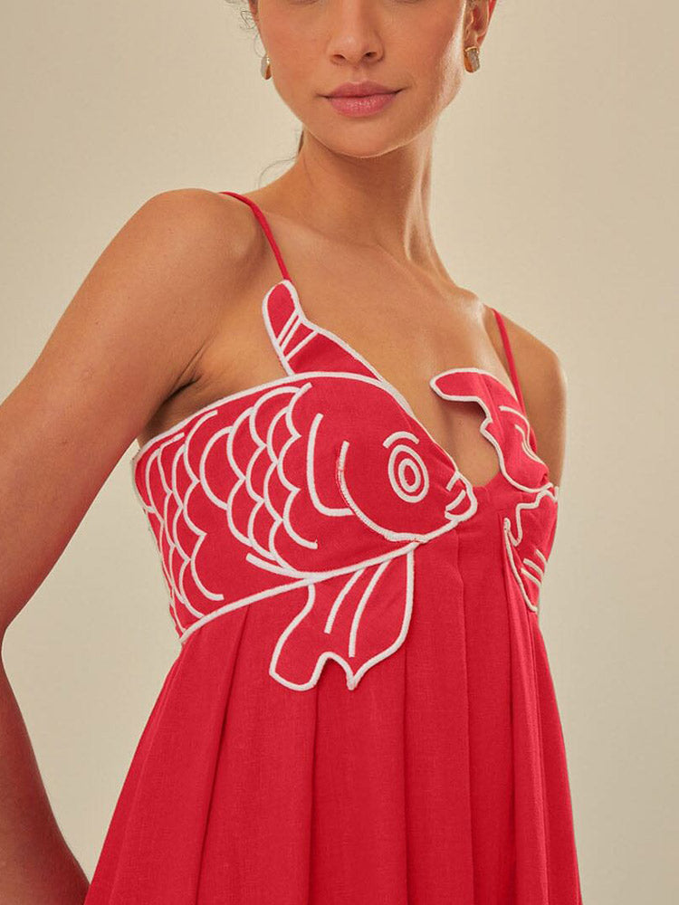 Maxikleid aus Leinenmix mit Fischmotiv