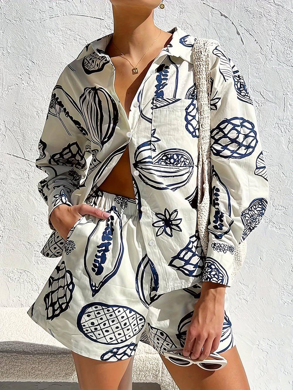 Sommerfrüchte-Print Locker Hemd Shorts Set