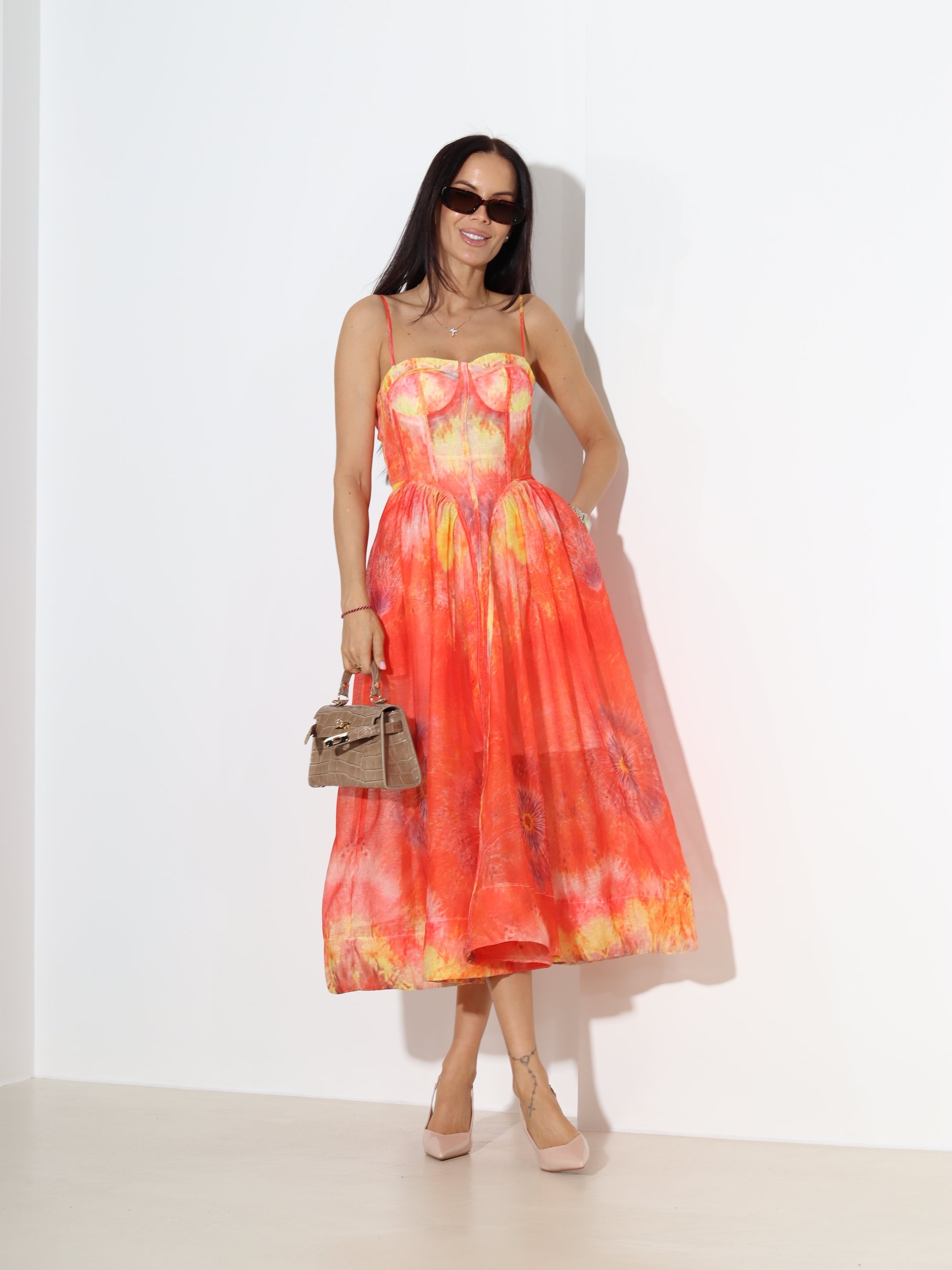Sunset Tie-Dye Corset Midi Dress
