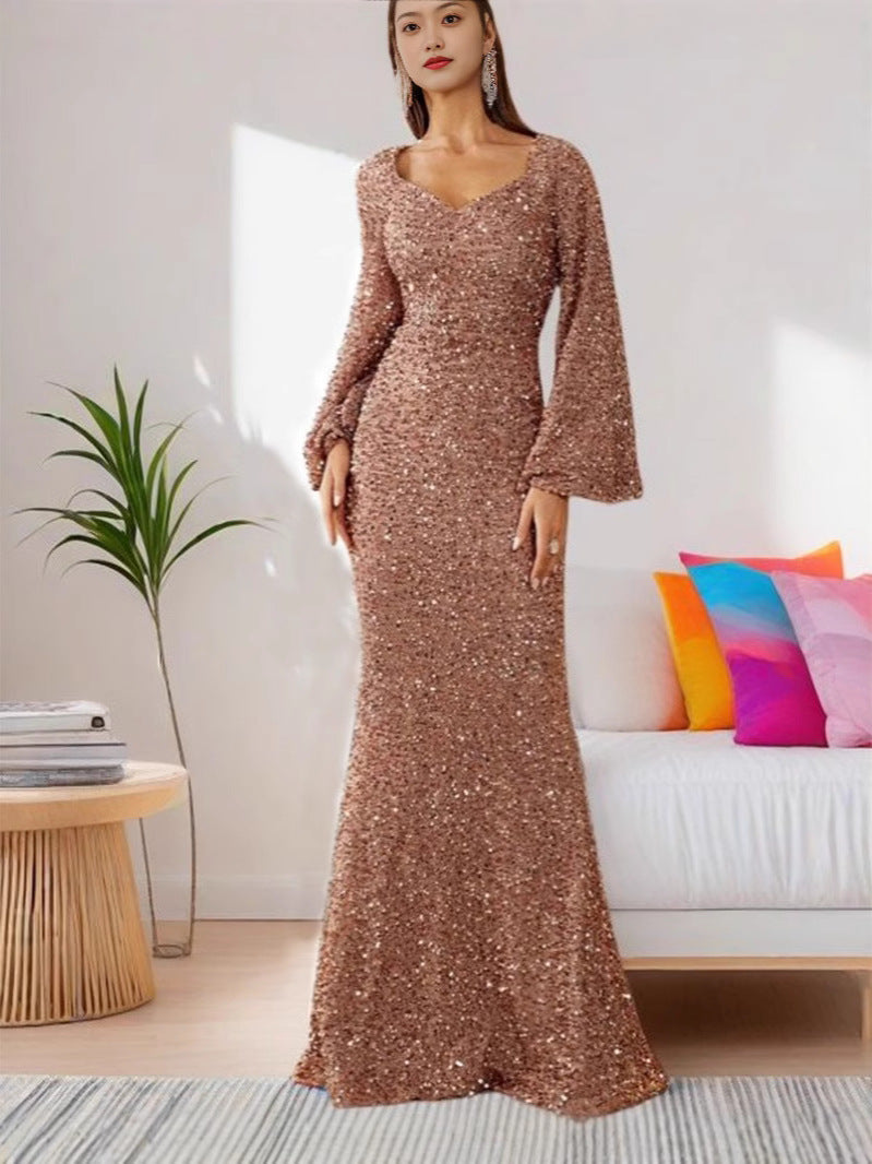 Bodycon-Paillettenkleid mit V-Ausschnitt und Trompetenärmeln