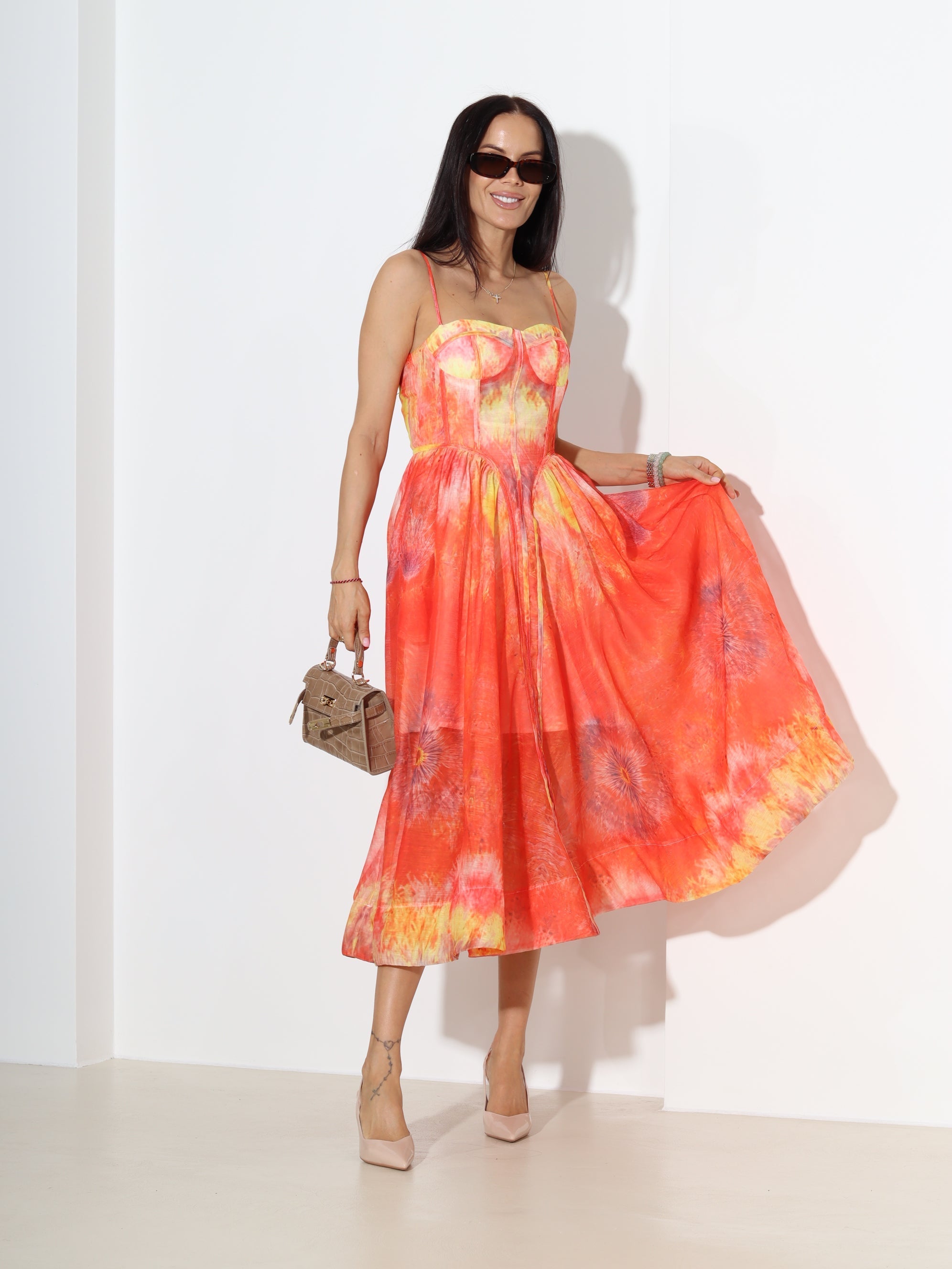 Sunset Tie-Dye Corset Midi Dress