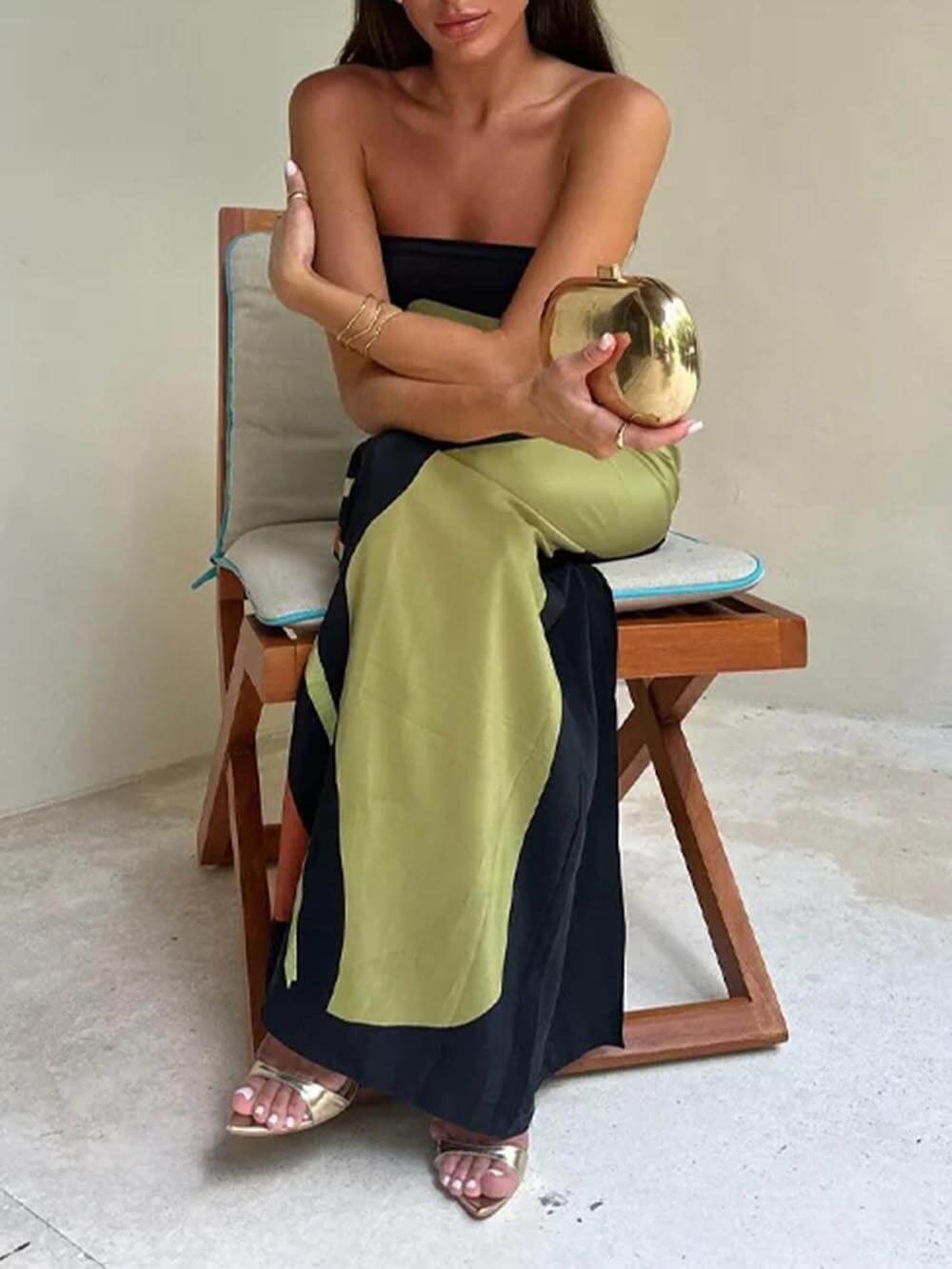 Mode Kontrast Ärmelloses Off-Shoulder Maxikleid mit Print