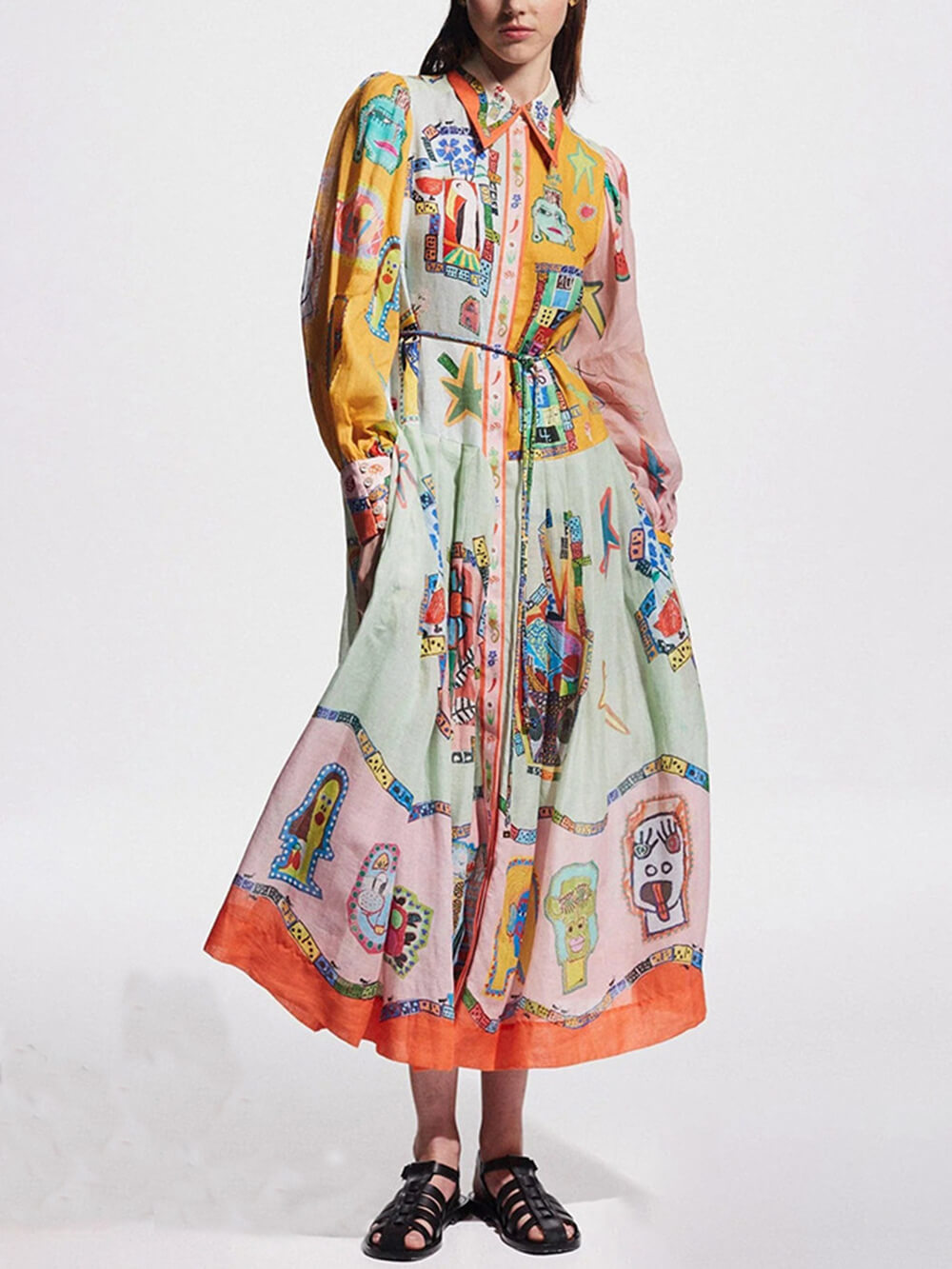 Einzigartiges bedrucktes Colorblock-Midi-Hemdblusenkleid mit Ballonärmeln und Gürtel