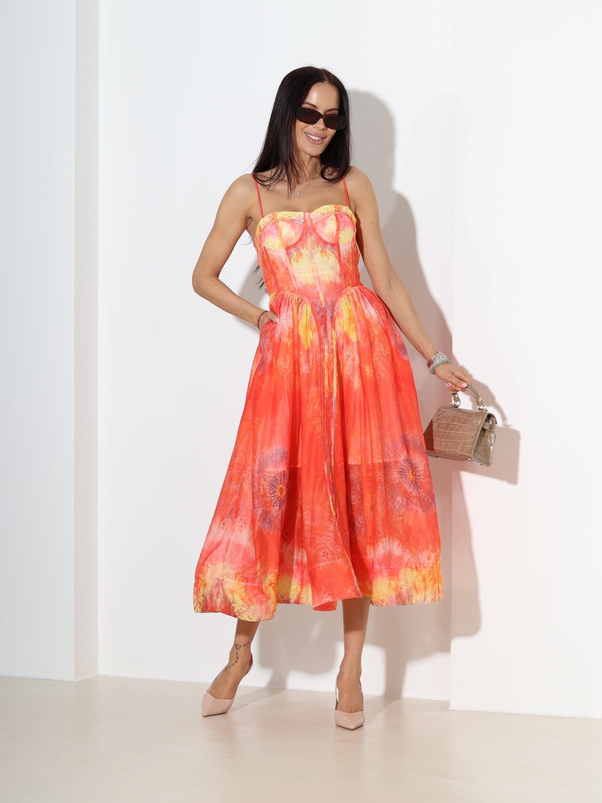 Sunset Tie-Dye Corset Midi Dress