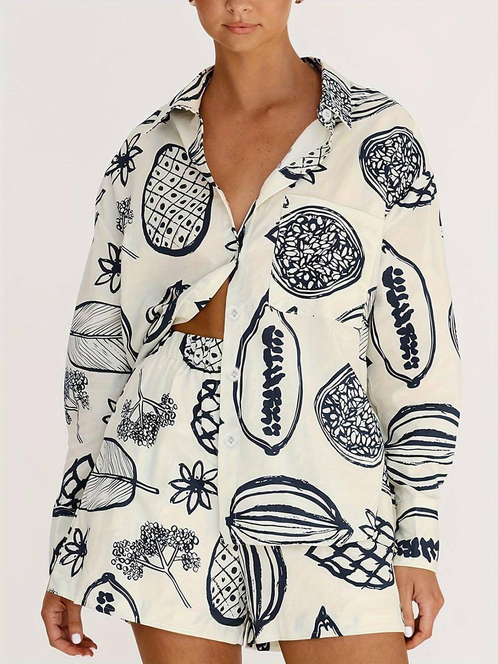 Sommerfrüchte-Print Locker Hemd Shorts Set