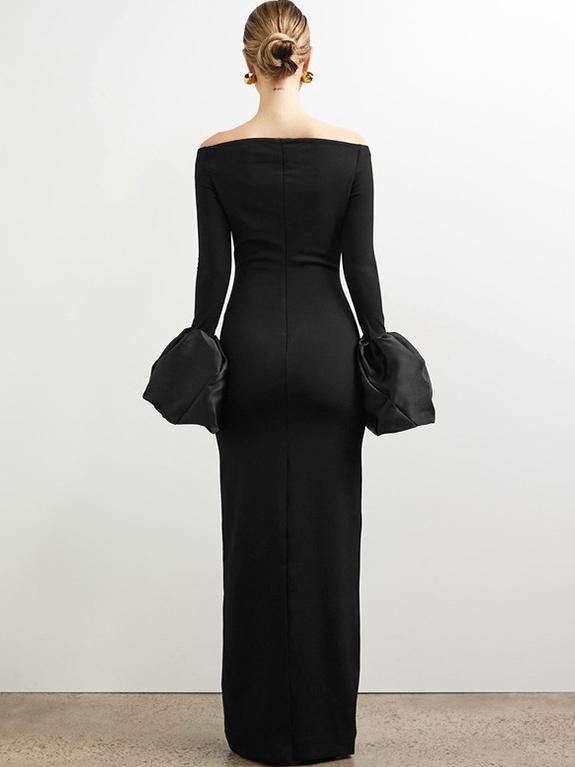 Eng anliegendes Langarmkleid mit Puffärmeln und One-Shoulder-Ausschnitt