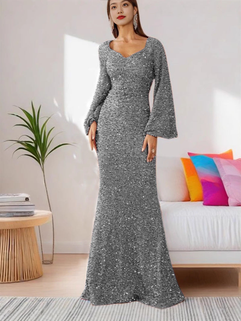 Bodycon-Paillettenkleid mit V-Ausschnitt und Trompetenärmeln