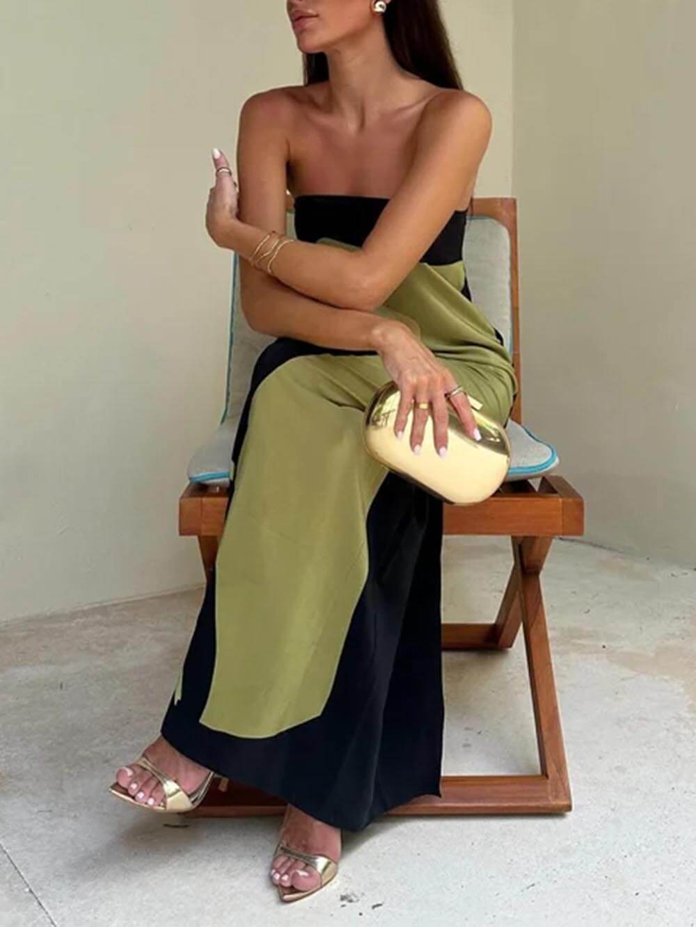 Mode Kontrast Ärmelloses Off-Shoulder Maxikleid mit Print
