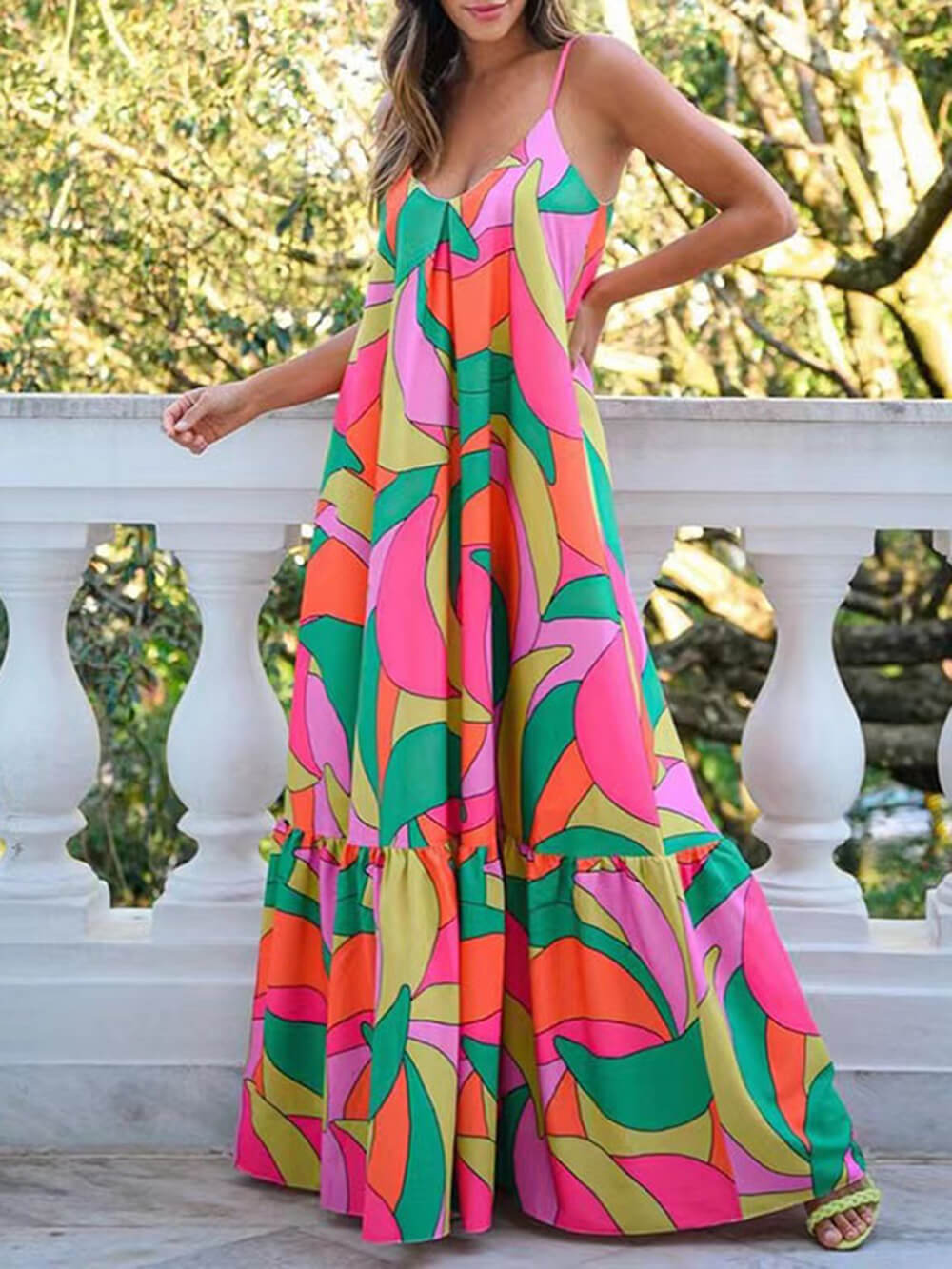 Sommer Französisch Tiefer V-Ausschnitt Rückenloses Neckholder Bedrucktes Kleid