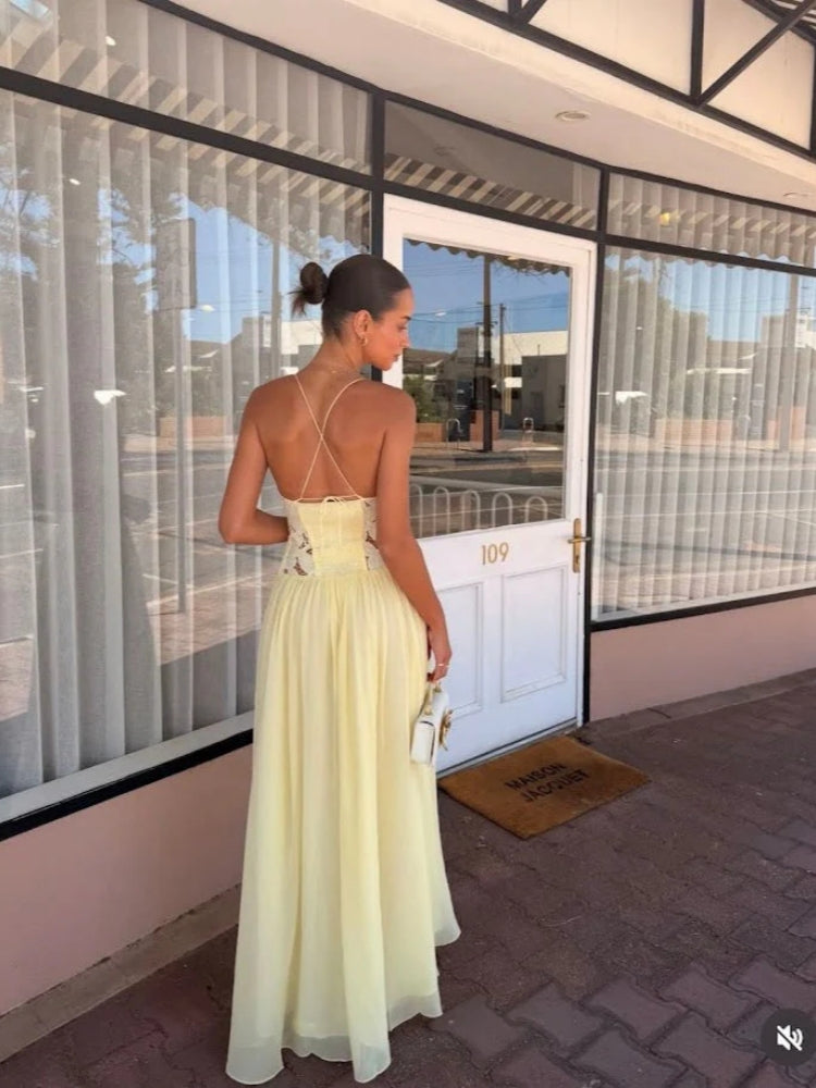 Cremiges gelbes Spitzen-Applikations-Chiffon-Maxikleid