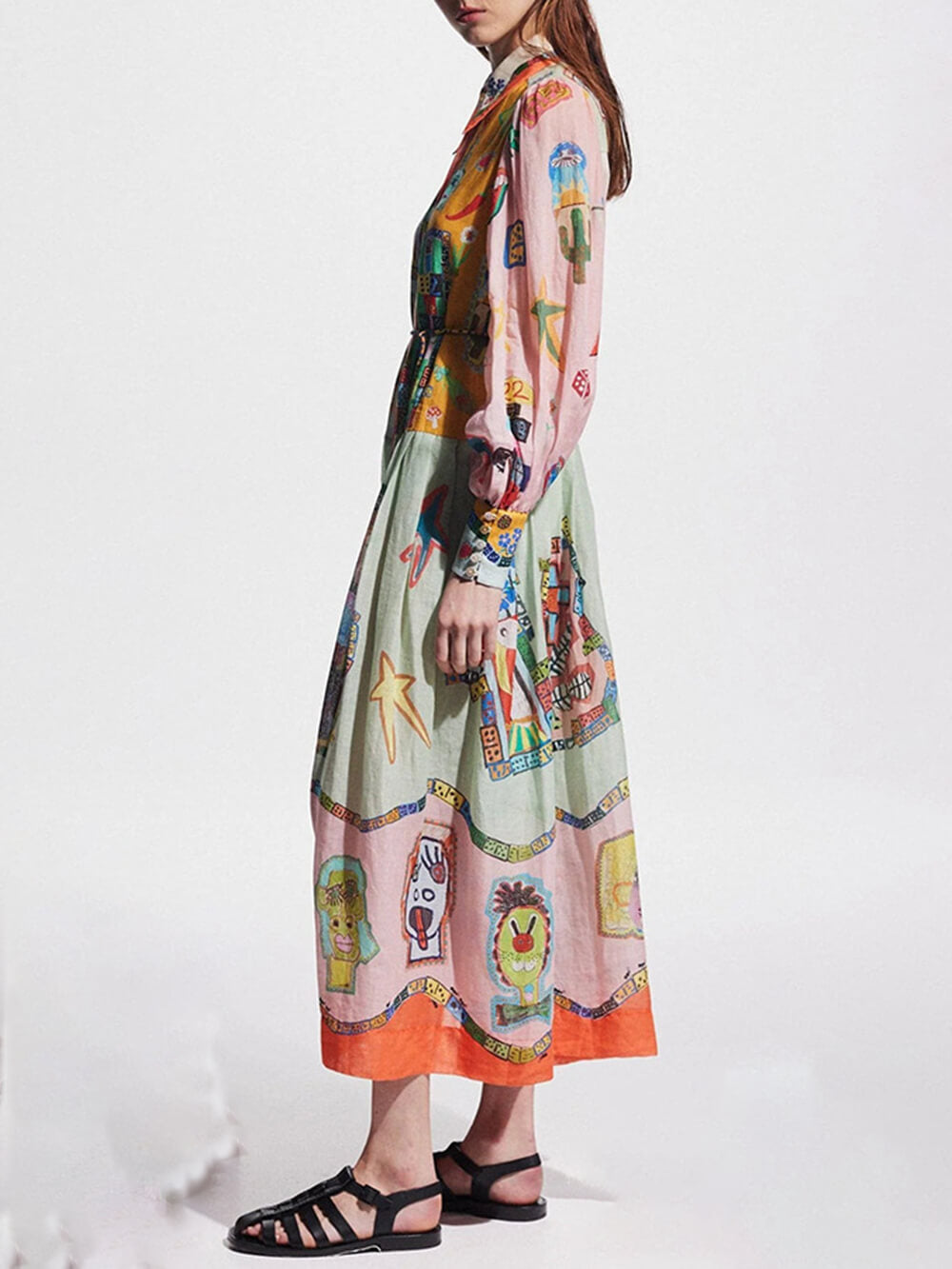 Einzigartiges bedrucktes Colorblock-Midi-Hemdblusenkleid mit Ballonärmeln und Gürtel
