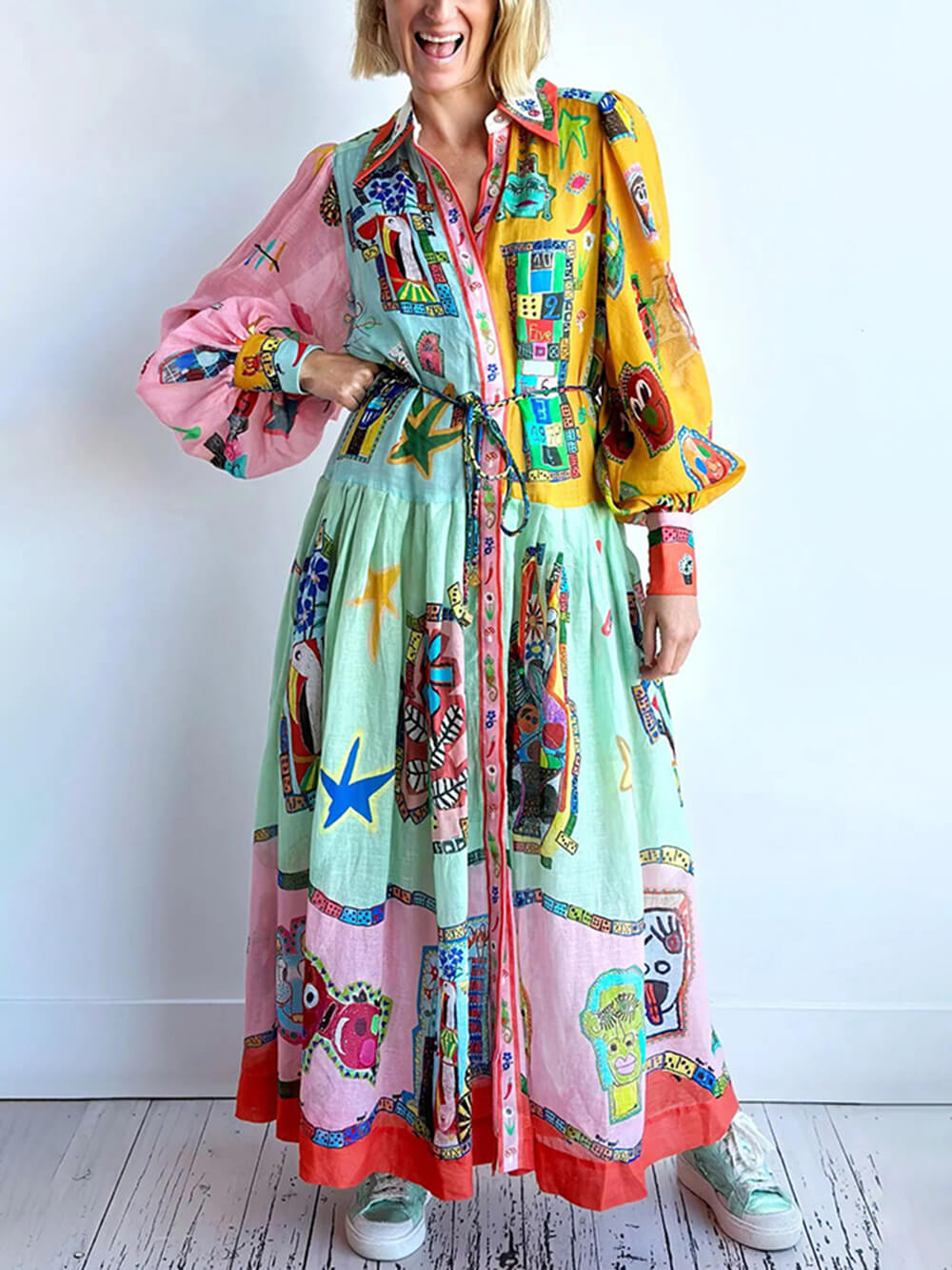 Einzigartiges bedrucktes Colorblock-Midi-Hemdblusenkleid mit Ballonärmeln und Gürtel