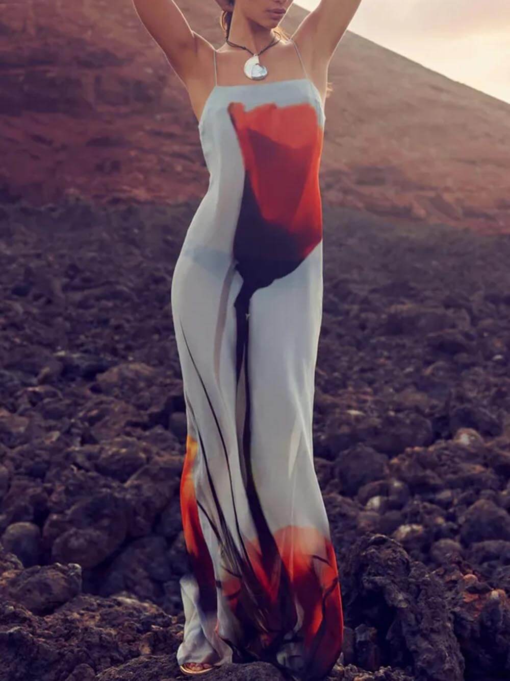 Urlaub Abstrakt Tulpenmuster Slip H-Linie Maxikleid
