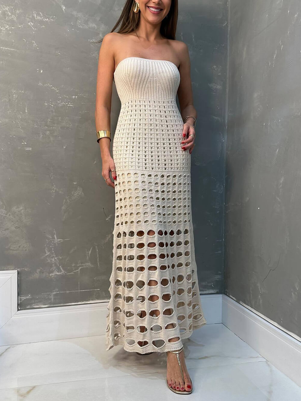 Maxikleid mit Cutouts, Patchwork und Off-Shoulder-Design