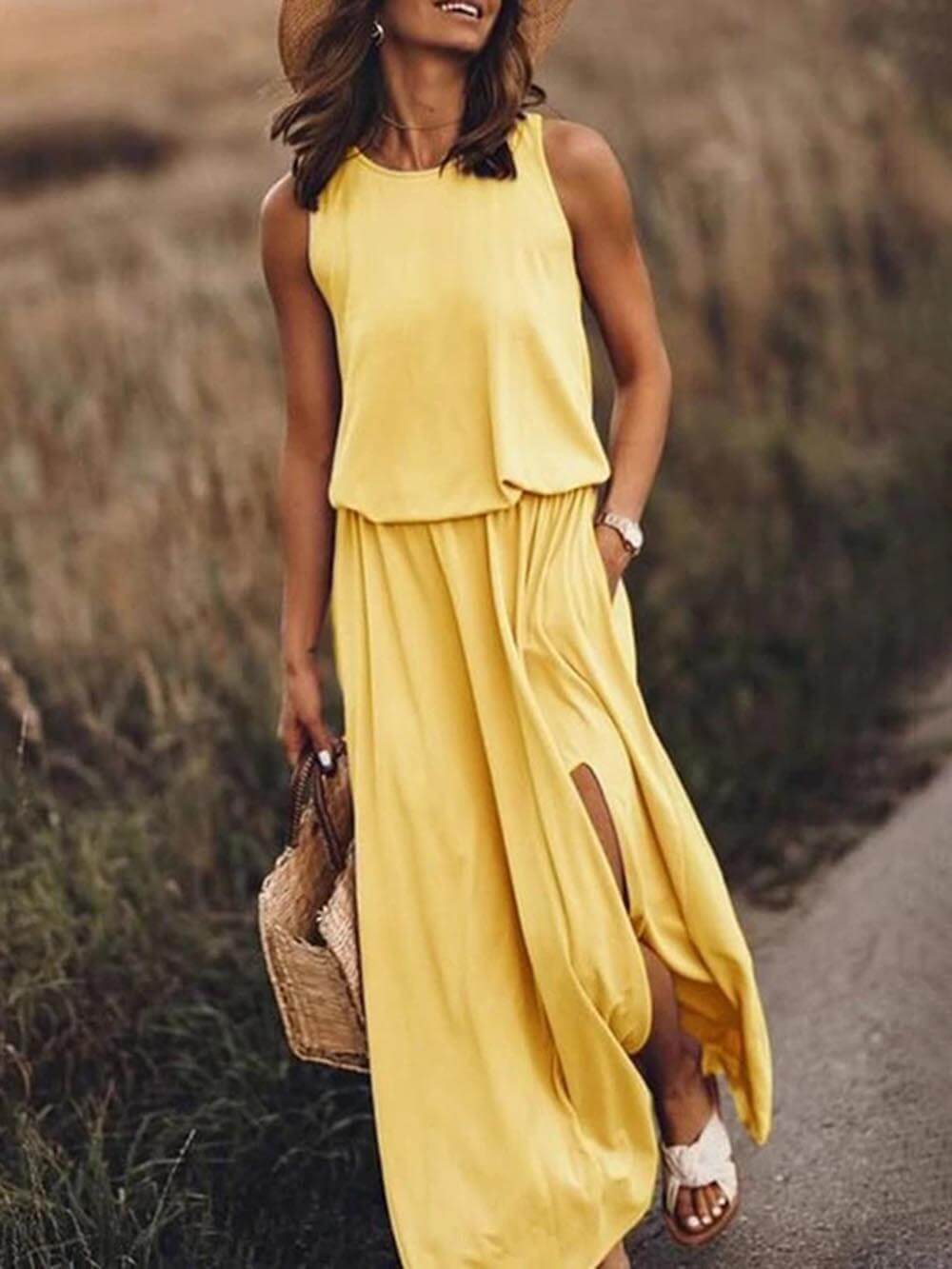 Ärmelloses Schlitzkleid mit Rundhalsausschnitt und lockerer Taille