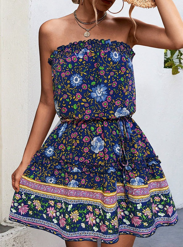 Bohemian trägerloses Mini-Kleid mit Blumenmuster