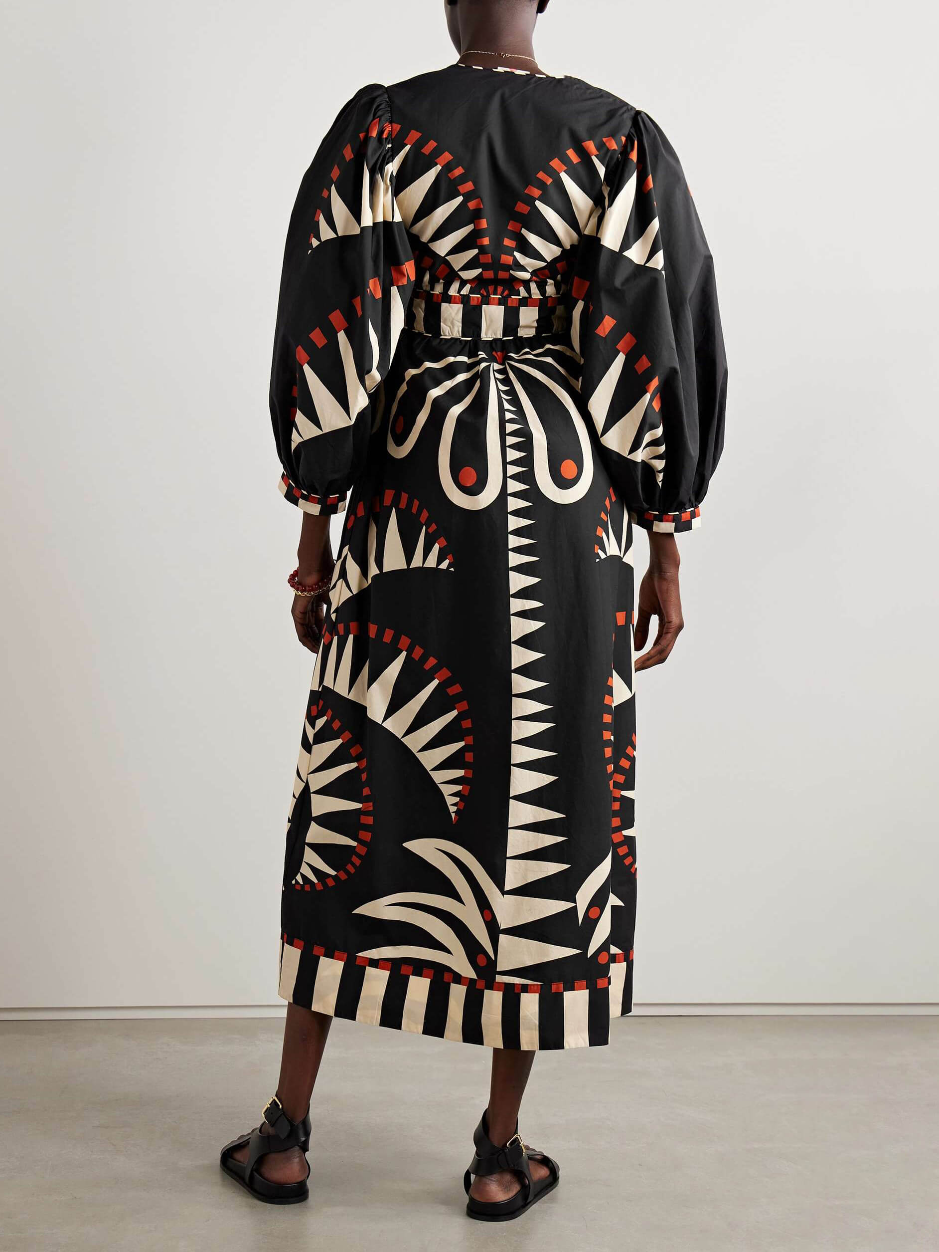 Einzigartiges Kokosnuss-Dschungel-Print Puffärmel Midi-Kleid
