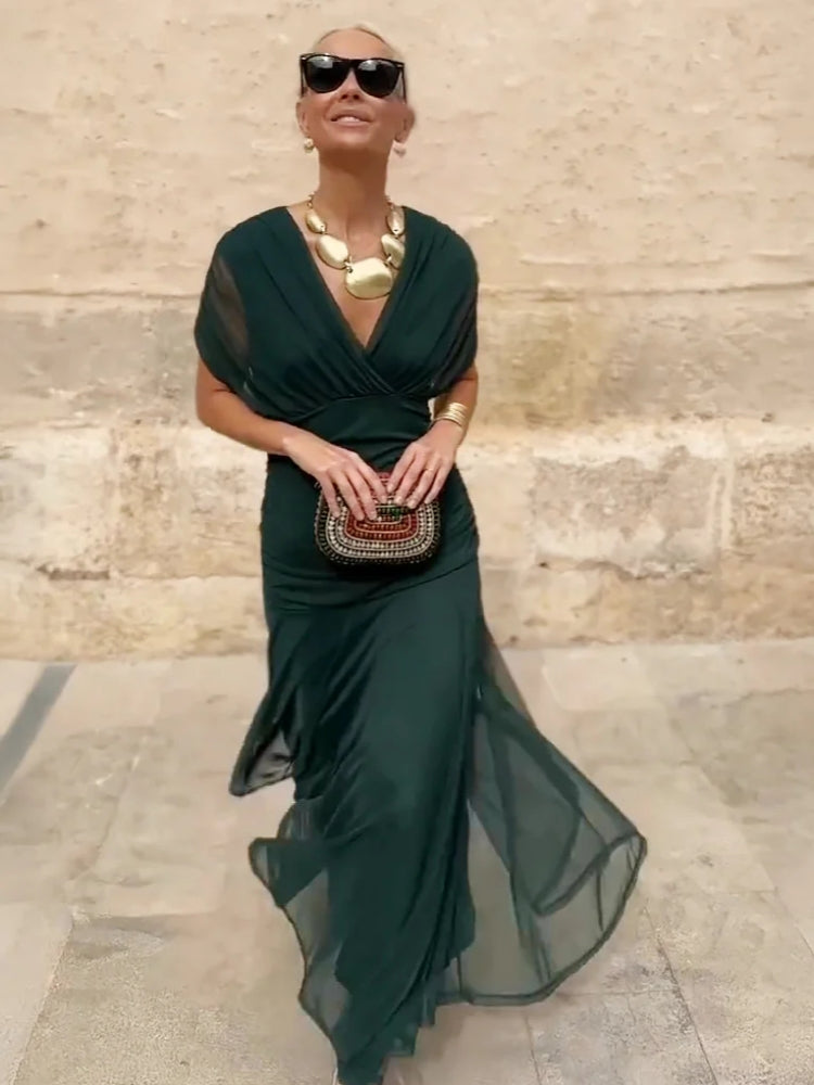 Elegantes V-Ausschnitt Maxi-Partykleid mit fantasievollem Blumendruck