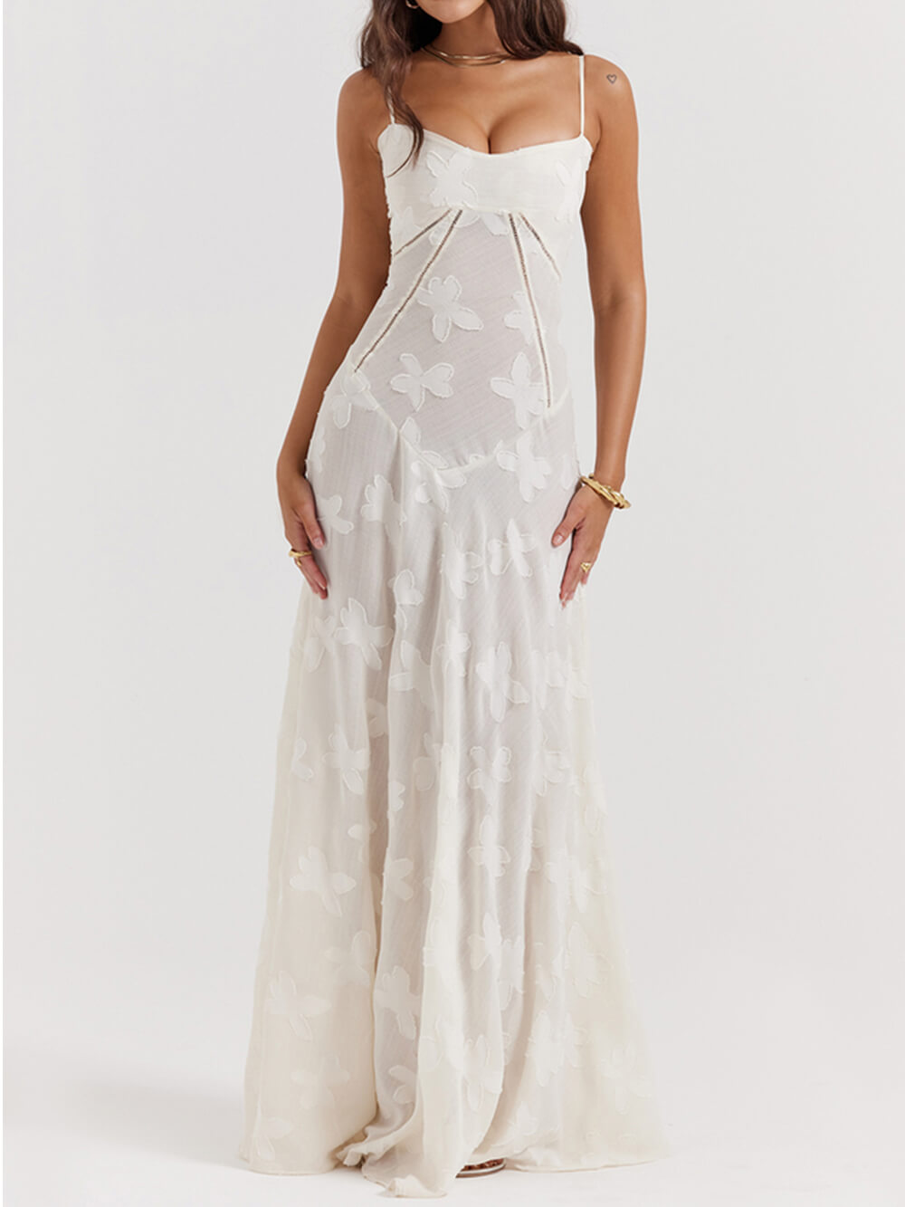 Vintage cremefarbenes Maxi-Kleid mit floraler Spitze am Rücken