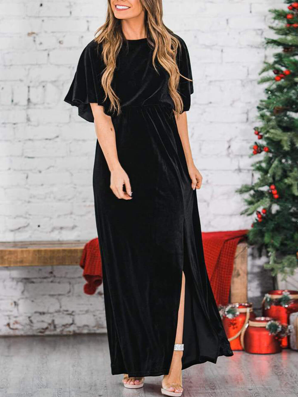 Maxikleid aus Samt mit hohem Schlitz