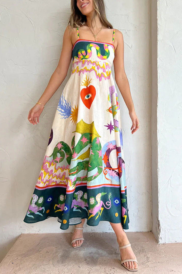 Midikleid aus Leinenmix mit einzigartigem Print, gesmoktem Rückenteil und Taschen